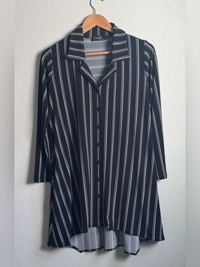 Sympli Black, White, Blue Vertical Striped Button Down Tunic Shirt High Low Hem